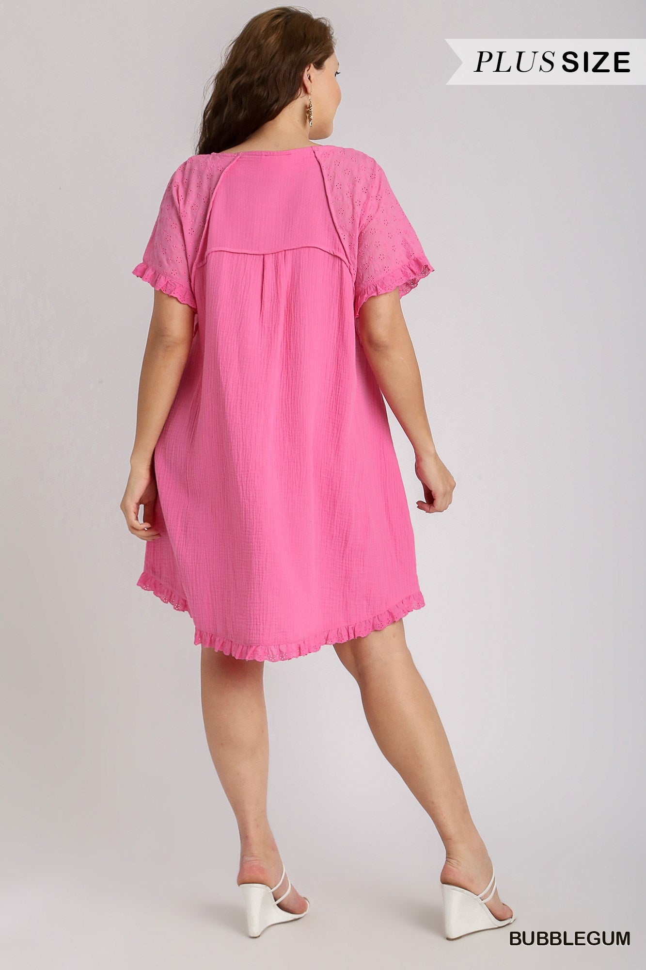 Umgee Plus Round Neck Cotton Gauze Short Eyelet Sleeves Ruffle Dress