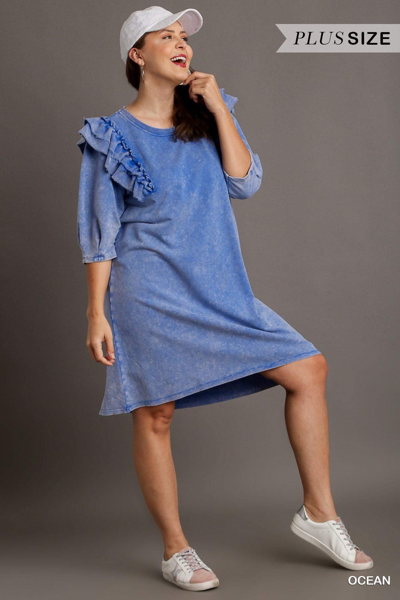Umgee Plus Mineral Wash Crew Neck French Terry Ruffles Dress