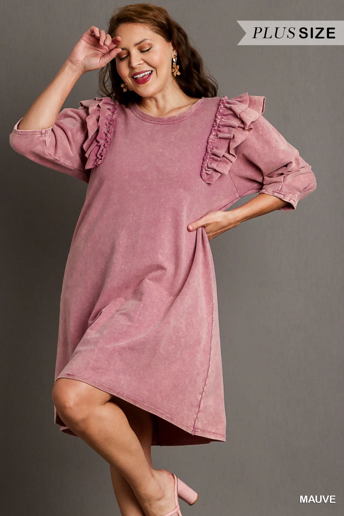 Umgee Plus Mineral Wash Crew Neck French Terry Ruffles Dress