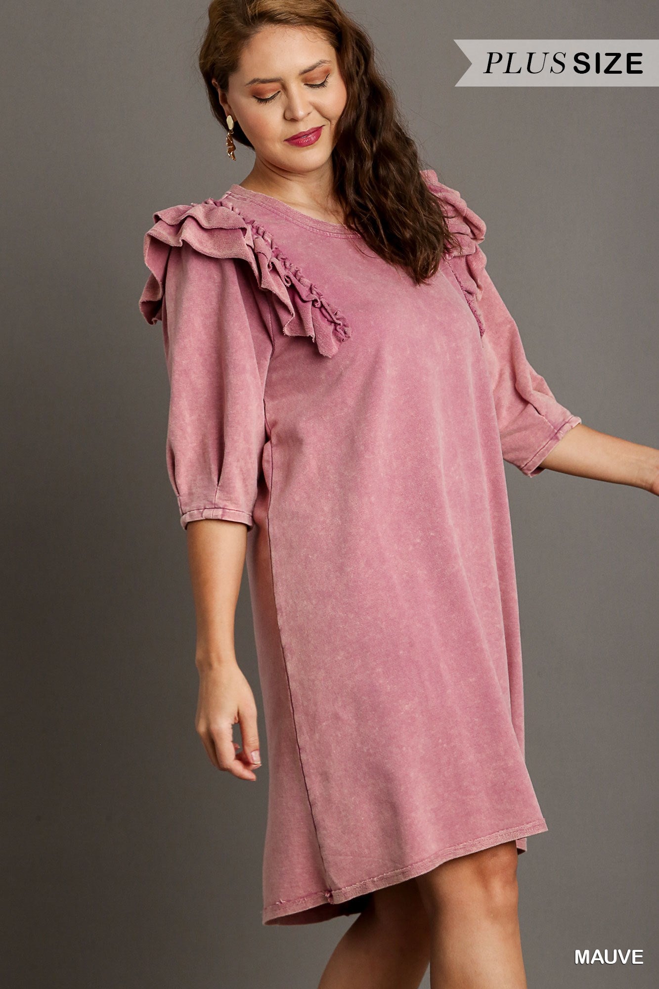Umgee Plus Mineral Wash Crew Neck French Terry Ruffles Dress