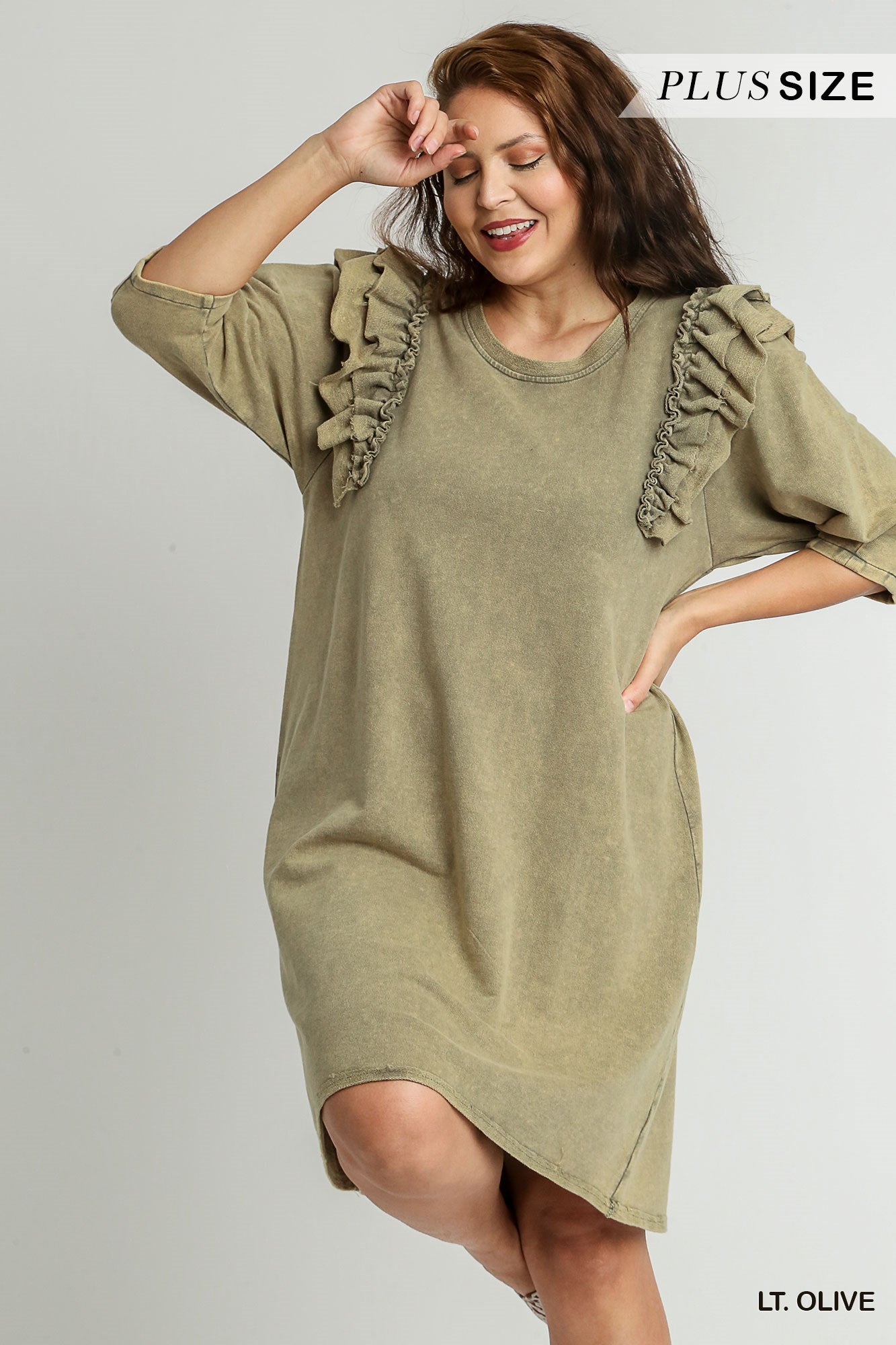 Umgee Plus Mineral Wash Crew Neck French Terry Ruffles Dress