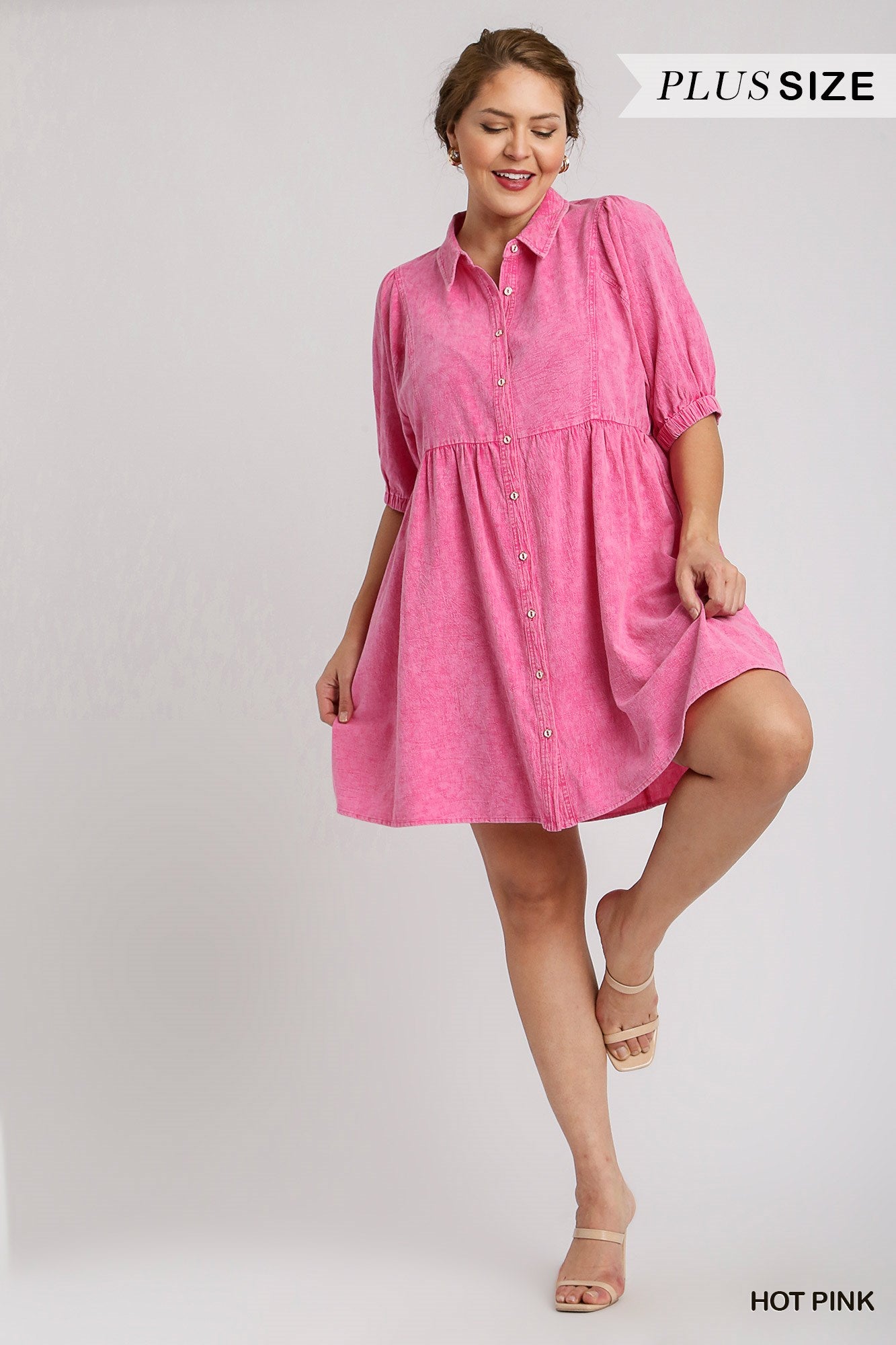 Umgee Plus Mineral Wash Collared Button Down Elastic Band Sleeve Dress