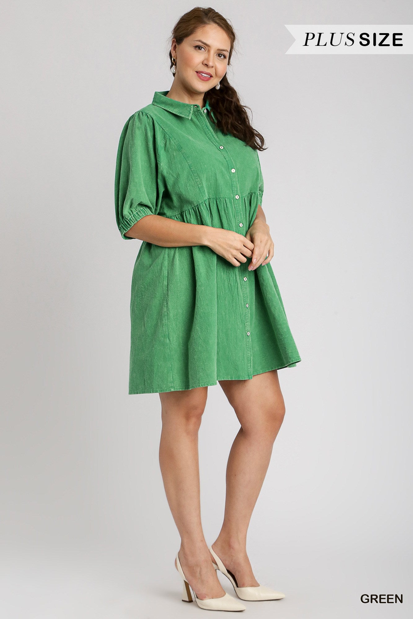 Umgee Plus Mineral Wash Collared Button Down Elastic Band Sleeve Dress