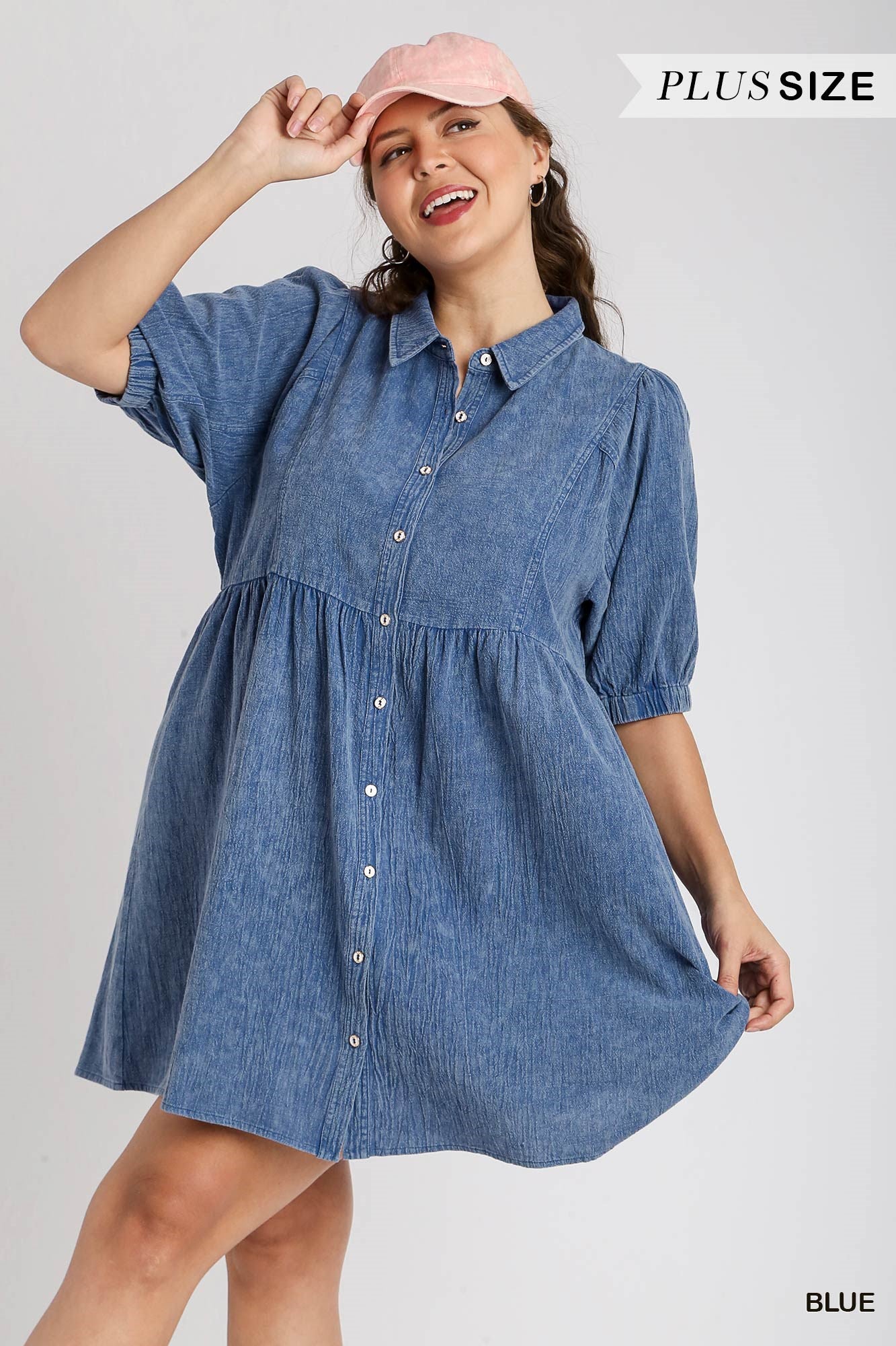 Umgee Plus Mineral Wash Collared Button Down Elastic Band Sleeve Dress