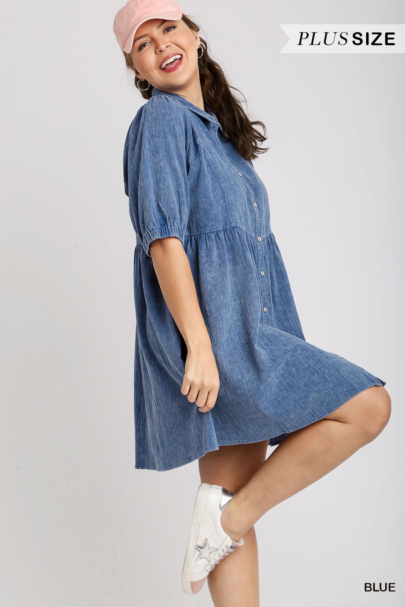 Umgee Plus Mineral Wash Collared Button Down Elastic Band Sleeve Dress