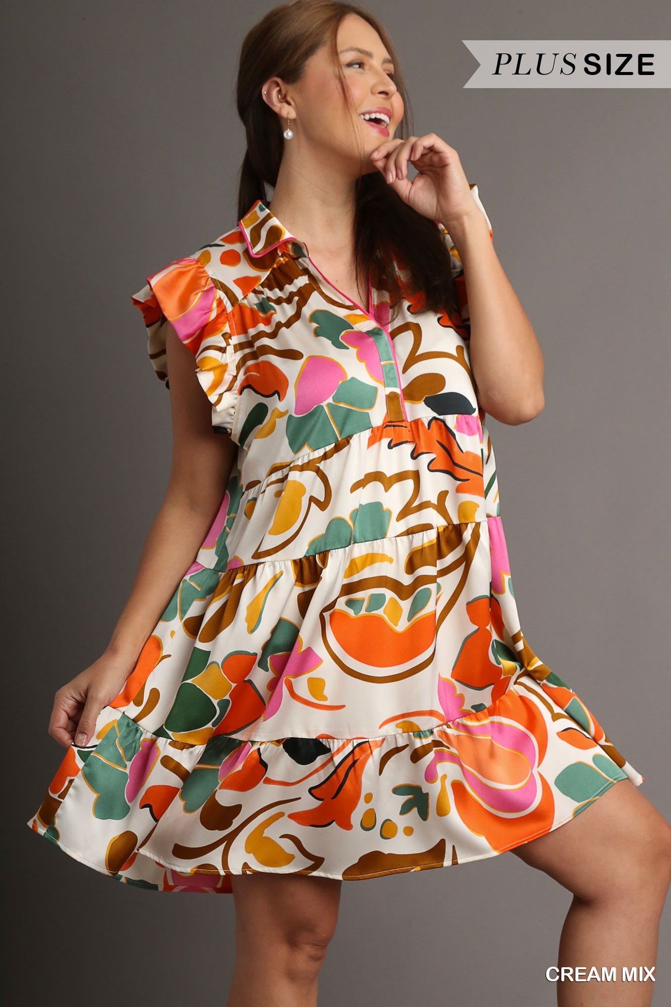 Umgee Plus Satin Print Tiered Collared Split Neck Flutter Sleeves Dress