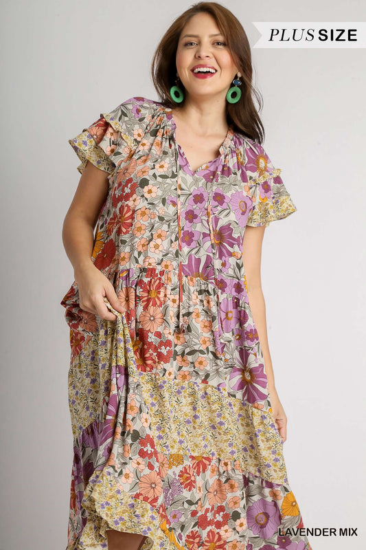 Umgee Plus Floral Print A-Line Ruffle Neckline Front Drawstring Midi Dress