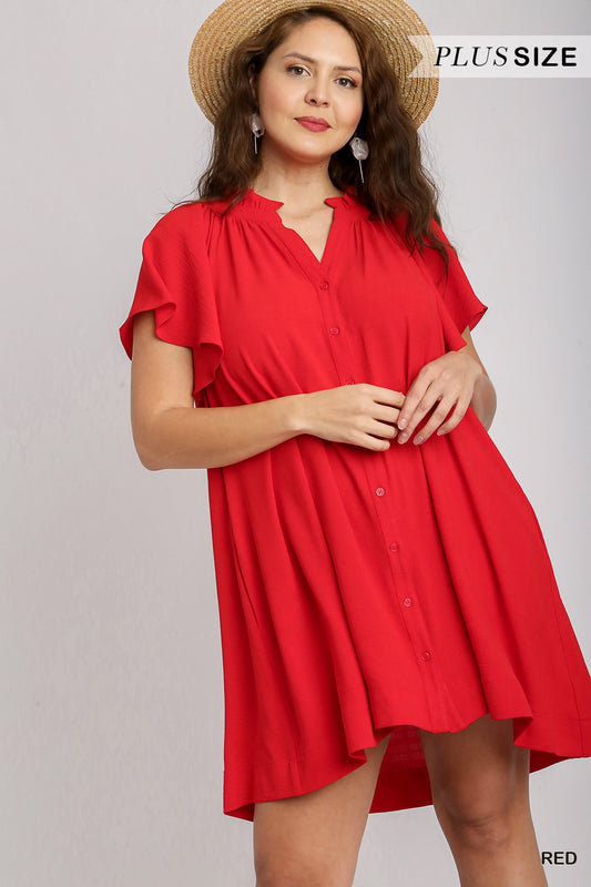 Umgee Plus Button Down Ruffle V-Notched Flowy Sleeves Side Pockets Dress