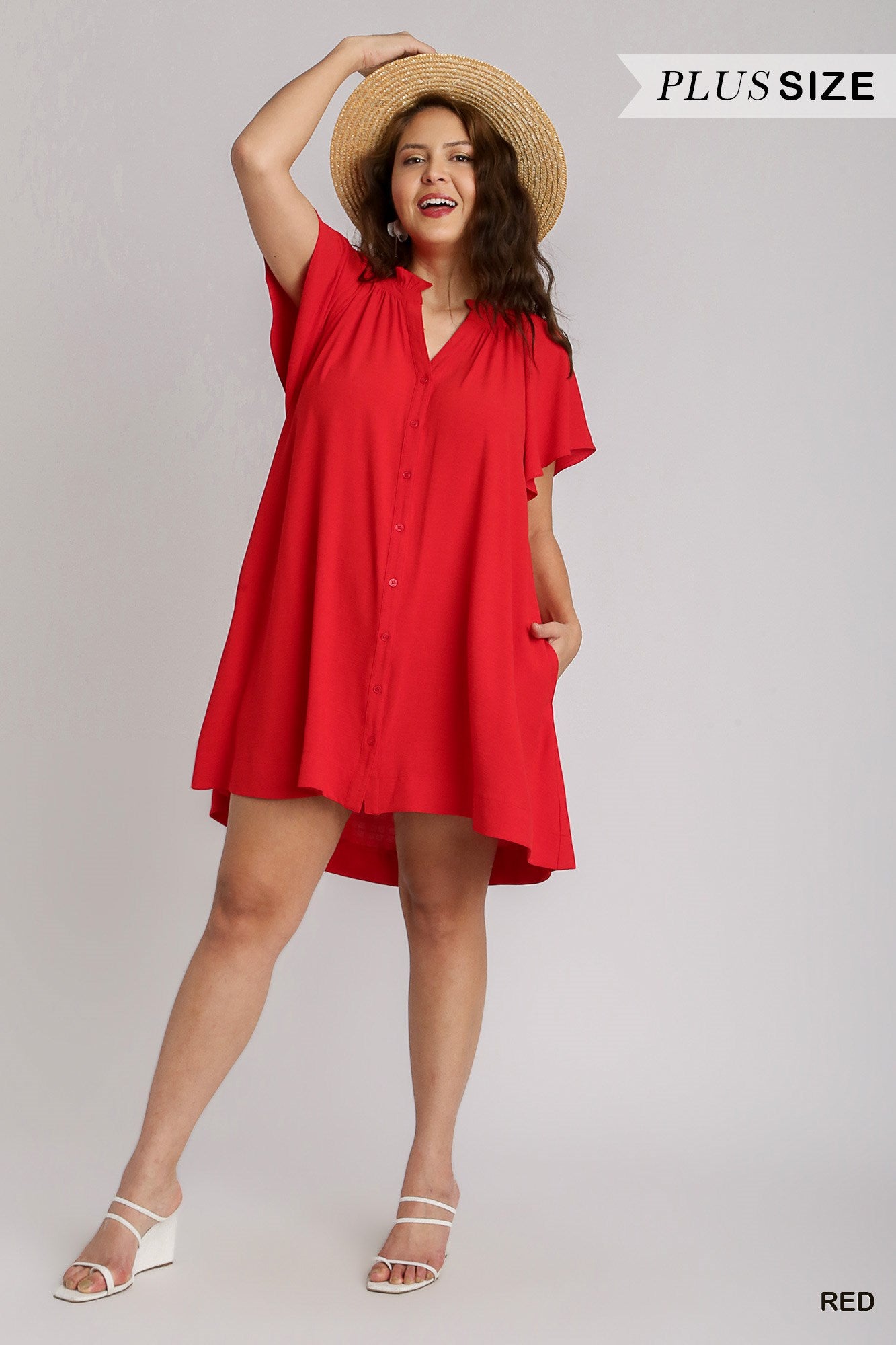 Umgee Plus Button Down Ruffle V-Notched Flowy Sleeves Side Pockets Dress