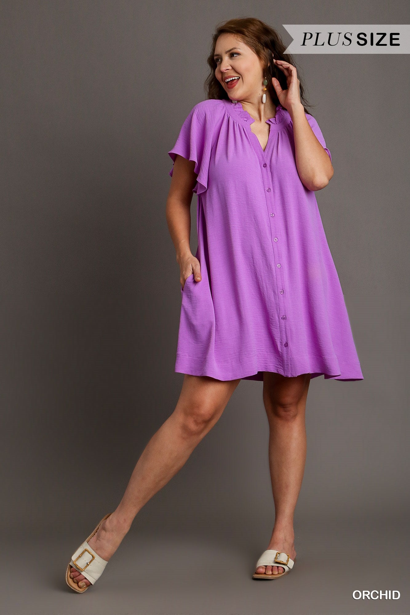 Umgee Plus Button Down Ruffle V-Notched Flowy Sleeves Side Pockets Dress