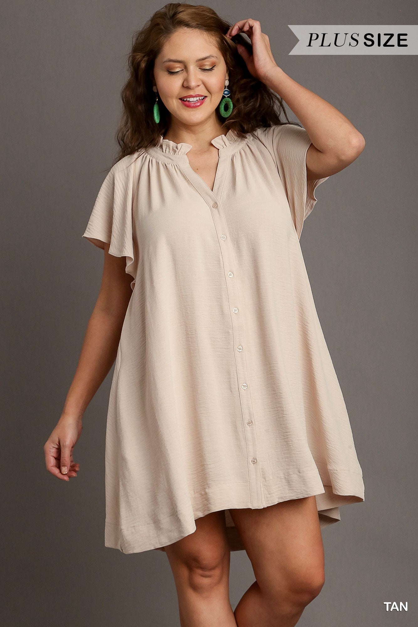 Umgee Plus Button Down Ruffle V-Notched Flowy Sleeves Side Pockets Dress