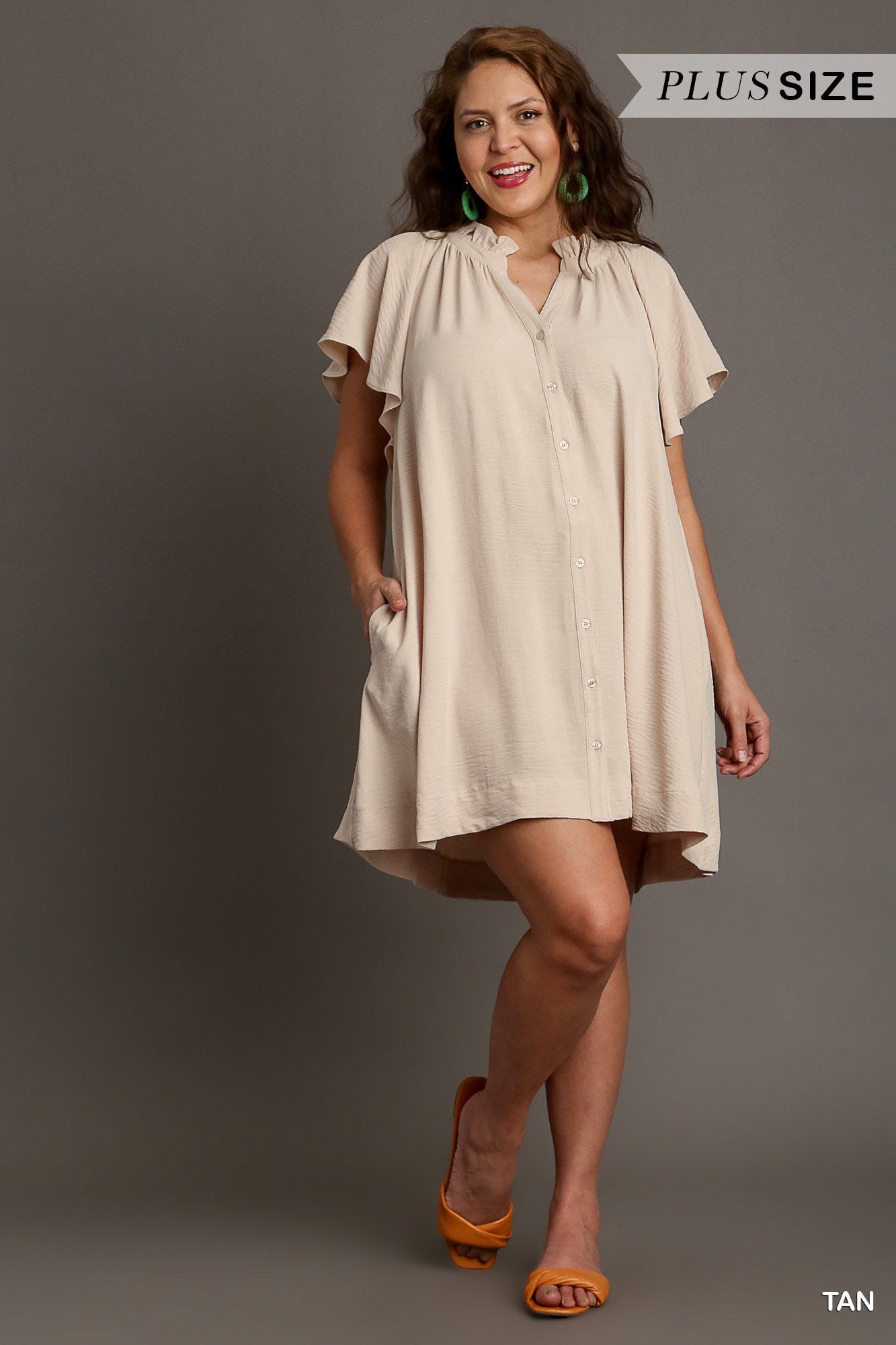 Umgee Plus Button Down Ruffle V-Notched Flowy Sleeves Side Pockets Dress