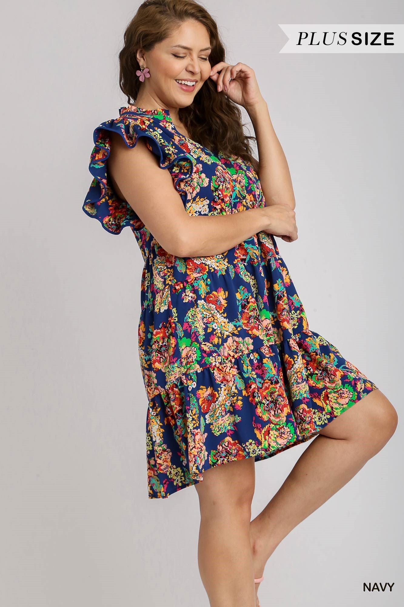 Umgee Plus Floral Print A-Line Tiered Double Flutter Sleeves Short Dress