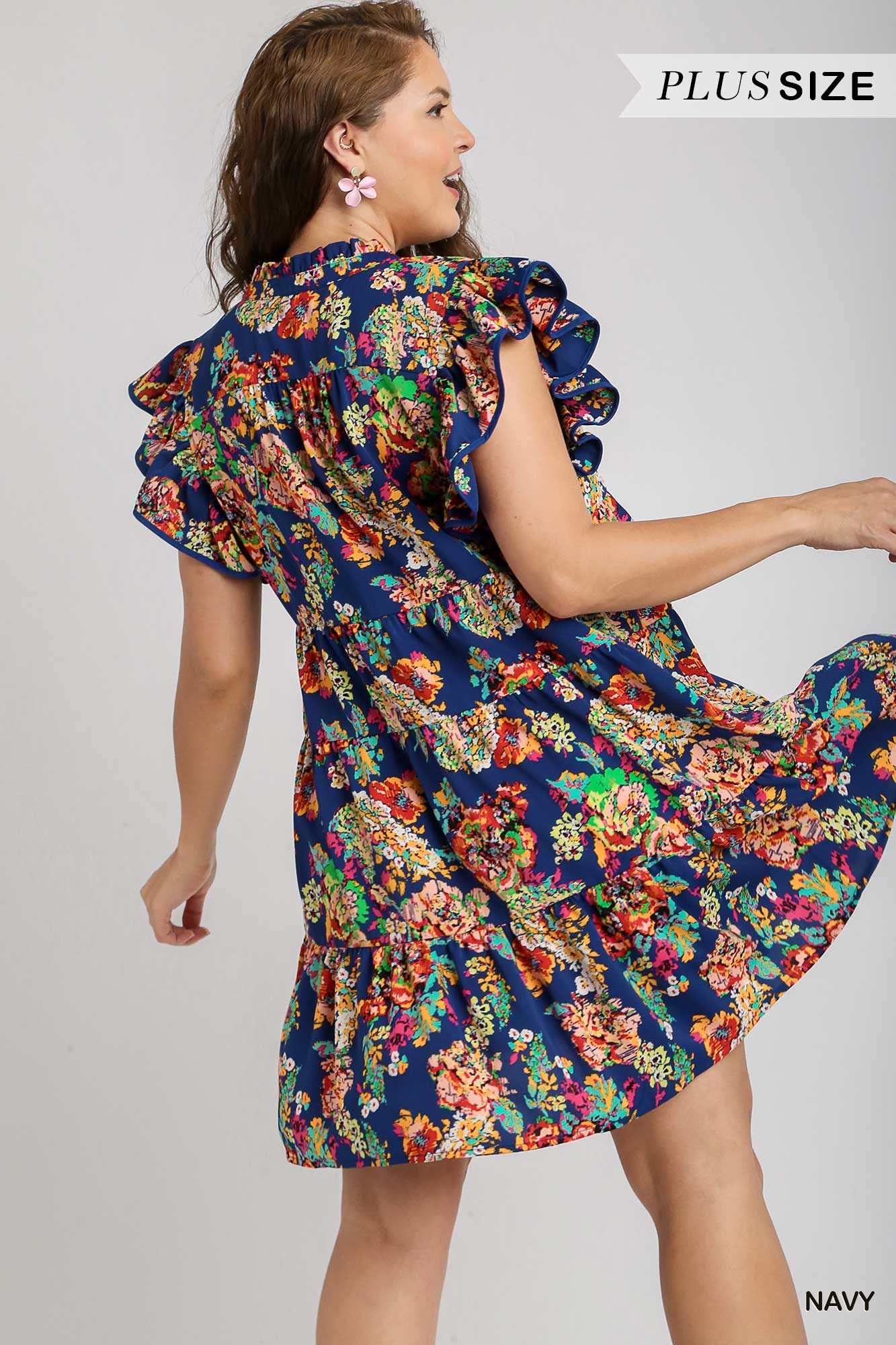 Umgee Plus Floral Print A-Line Tiered Double Flutter Sleeves Short Dress