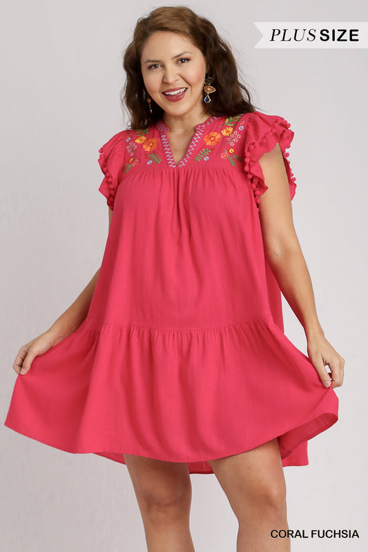 Umgee Plus Linen A-Line Split Neck Embroidery Short Ruffle Sleeves Dress