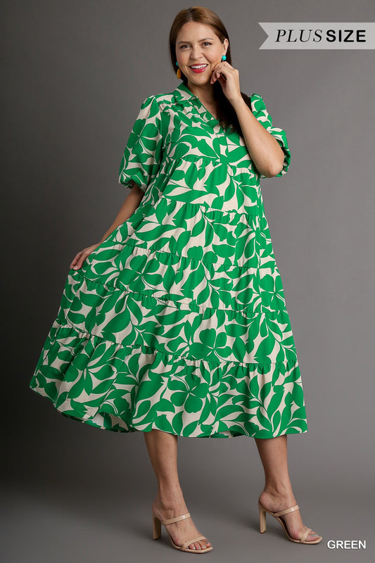 Umgee Plus Two Tone Floral Print Collared A-Line Tiered Puff Sleeves Midi Dress