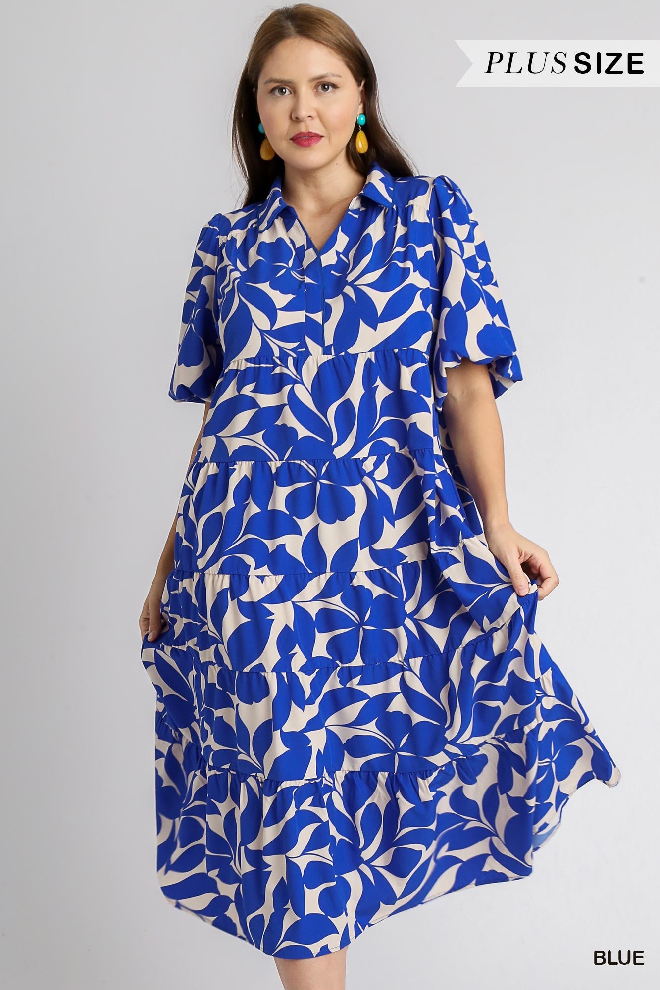 Umgee Plus Two Tone Floral Print Collared A-Line Tiered Puff Sleeves Midi Dress