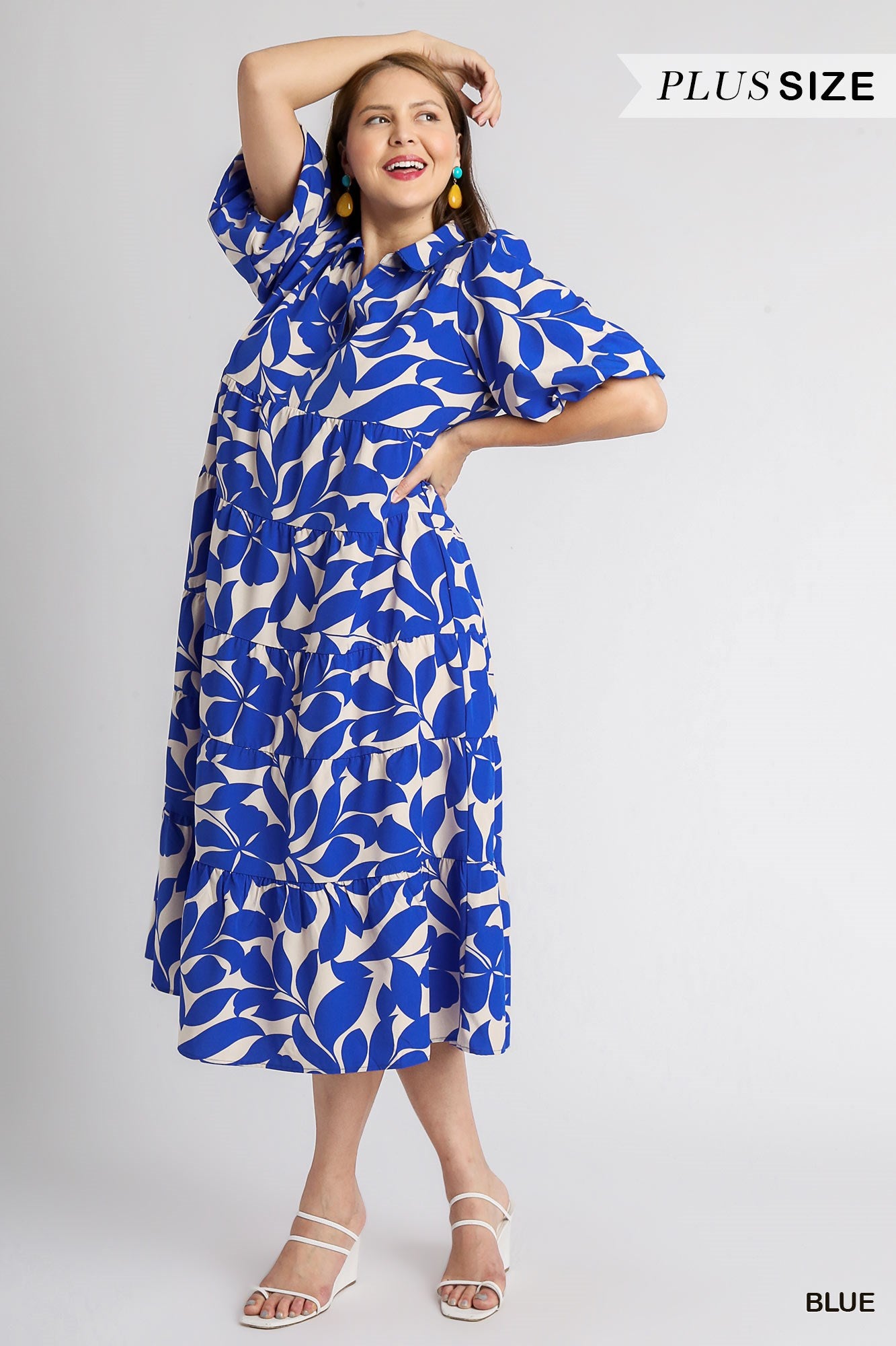 Umgee Plus Two Tone Floral Print Collared A-Line Tiered Puff Sleeves Midi Dress