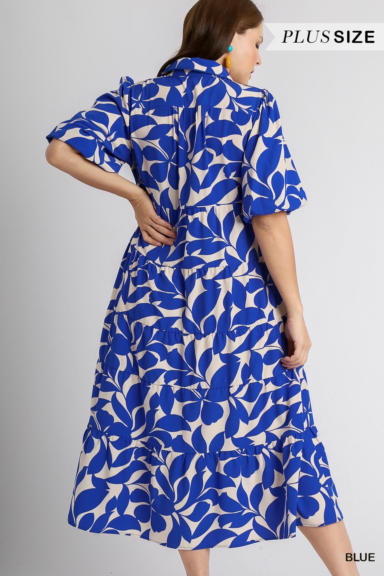 Umgee Plus Two Tone Floral Print Collared A-Line Tiered Puff Sleeves Midi Dress