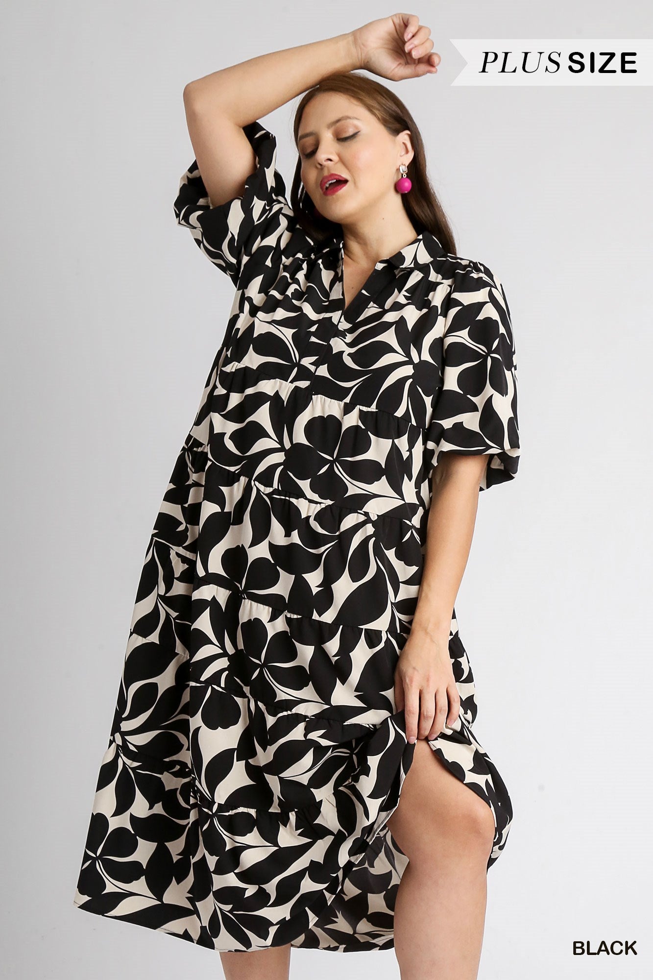 Umgee Plus Two Tone Floral Print Collared A-Line Tiered Puff Sleeves Midi Dress