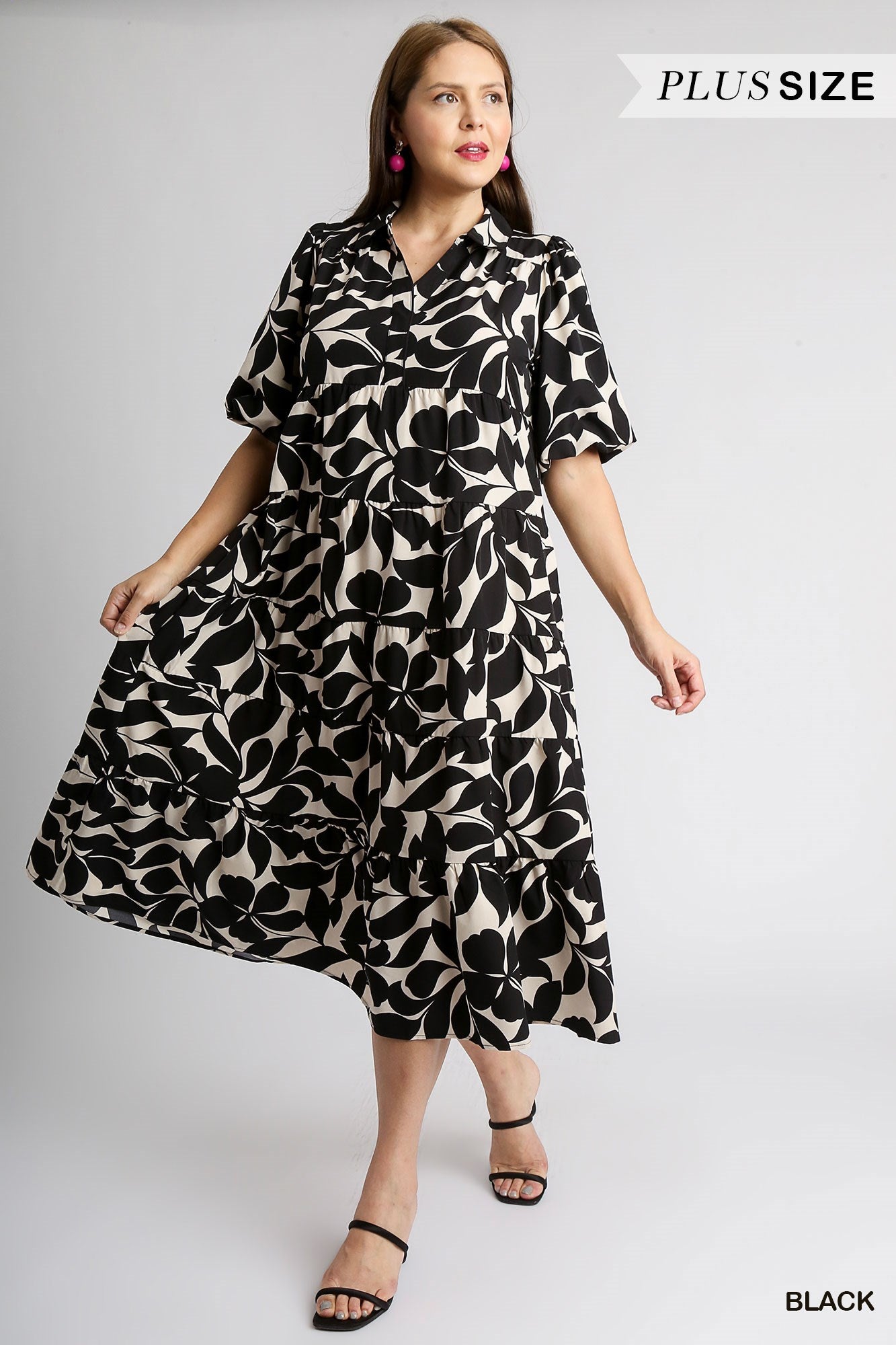 Umgee Plus Two Tone Floral Print Collared A-Line Tiered Puff Sleeves Midi Dress