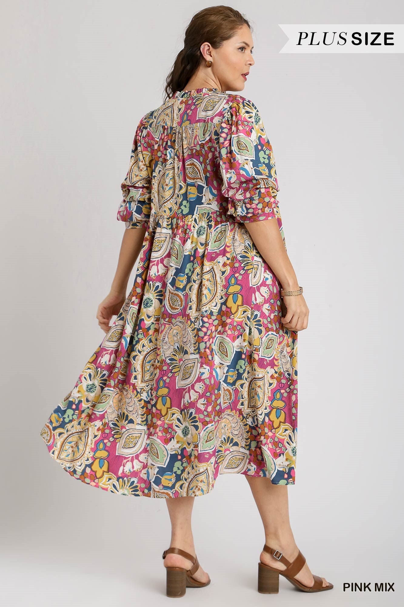 Umgee Plus Paisley Print Tiered A-Line Tie Puff Sleeves Midi Dress