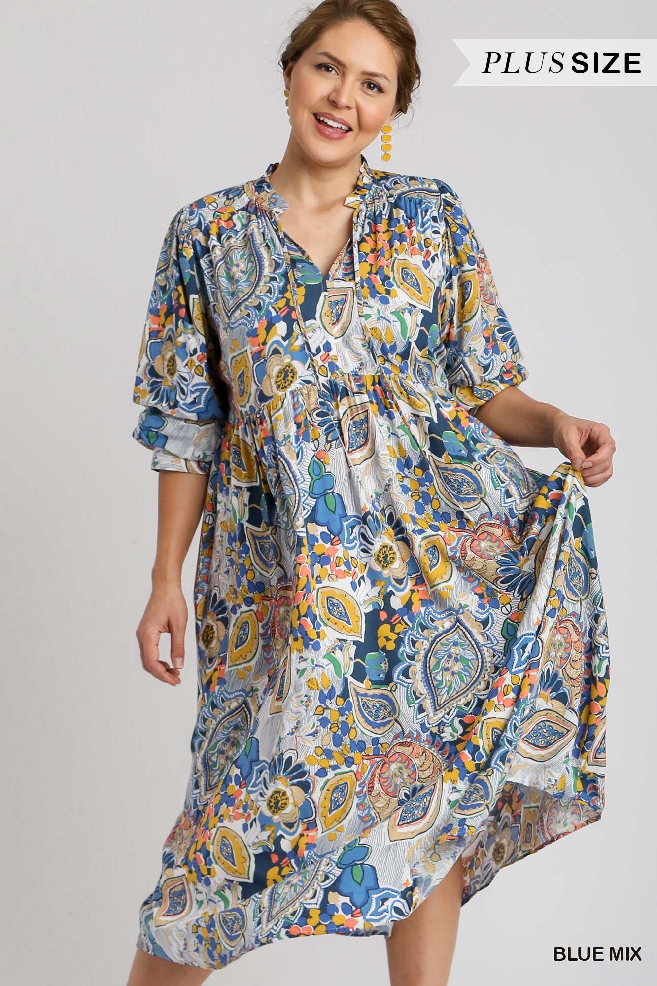 Umgee Plus Paisley Print Tiered A-Line Tie Puff Sleeves Midi Dress