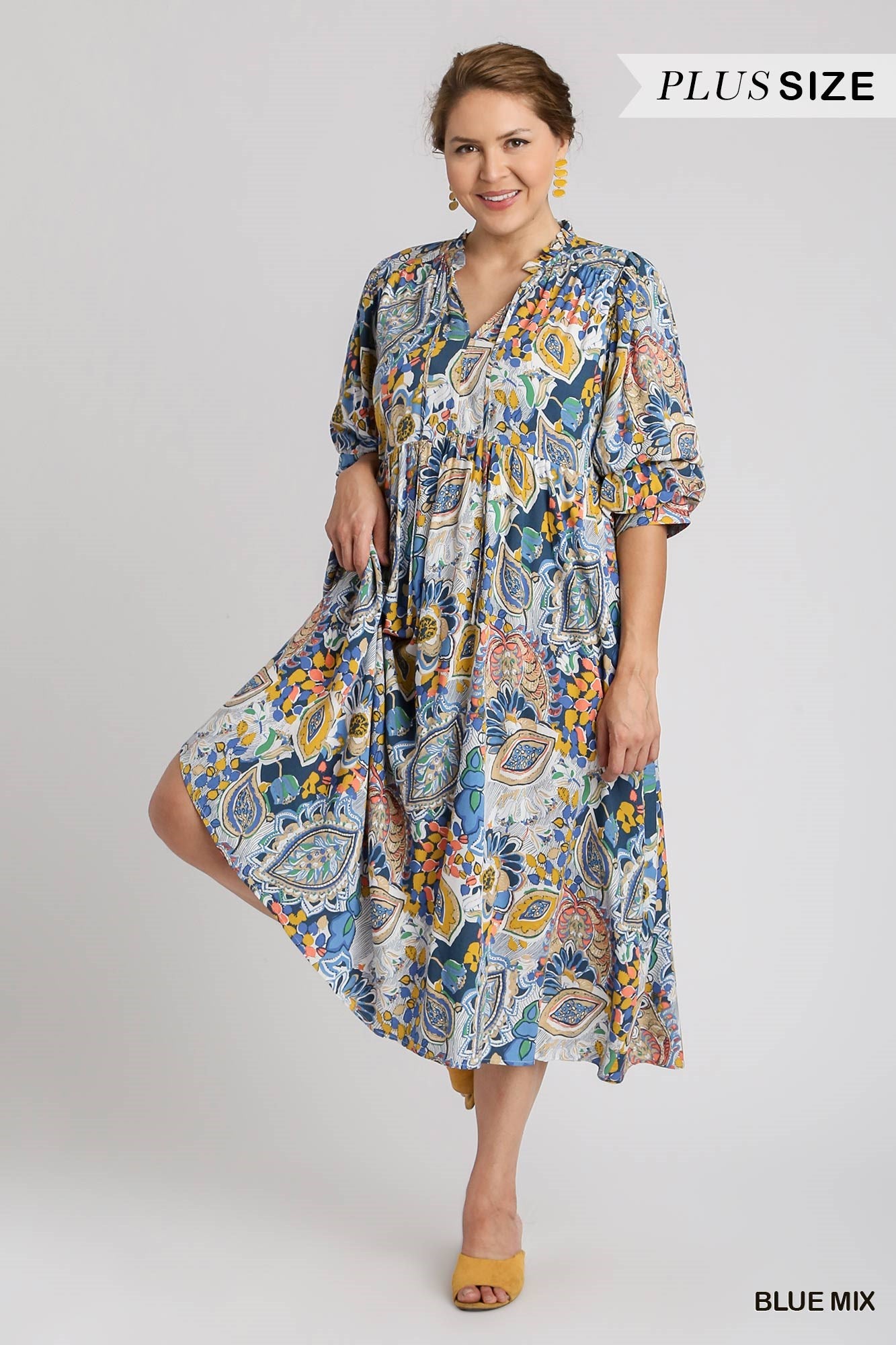 Umgee Plus Paisley Print Tiered A-Line Tie Puff Sleeves Midi Dress