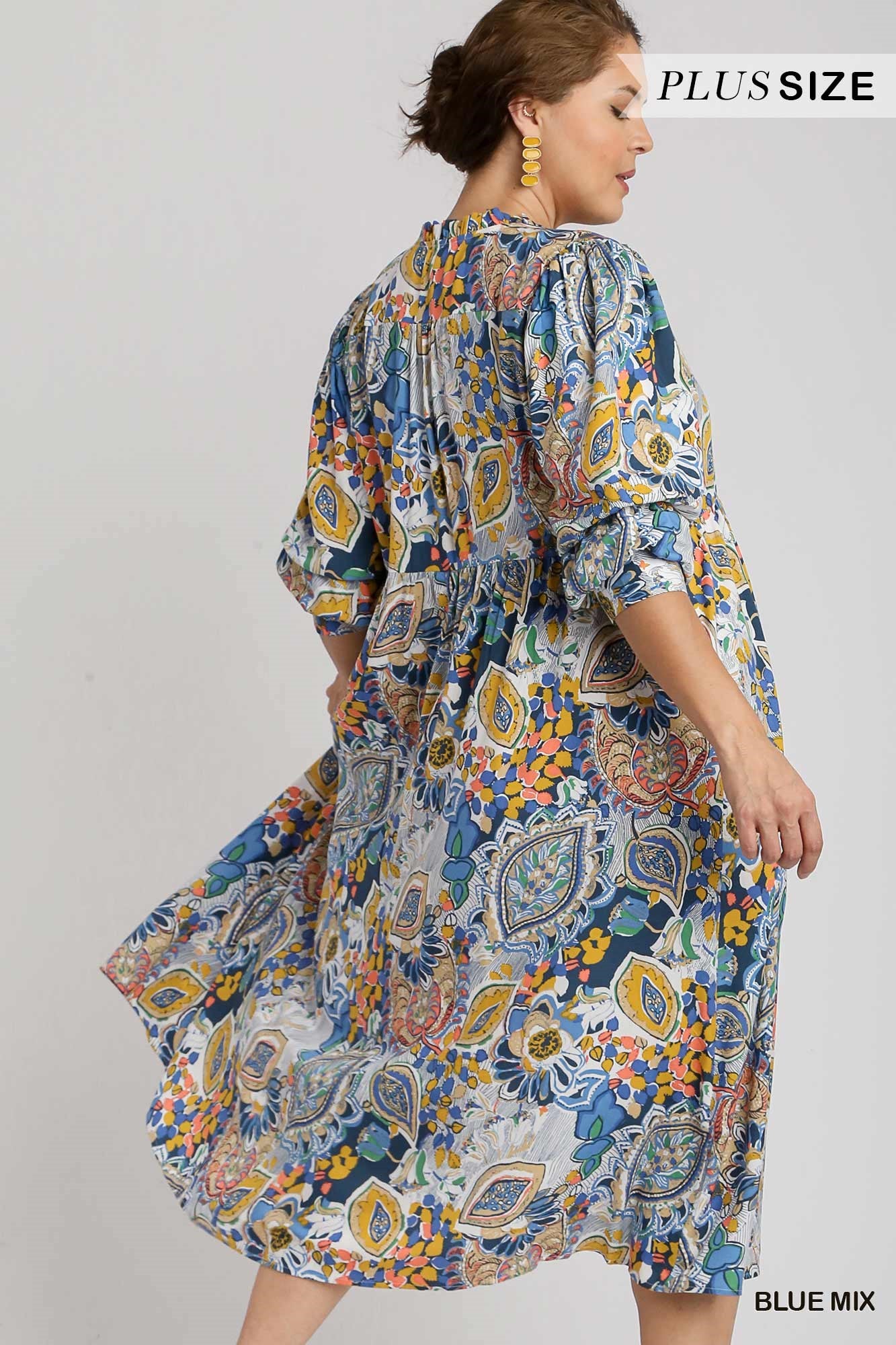 Umgee Plus Paisley Print Tiered A-Line Tie Puff Sleeves Midi Dress