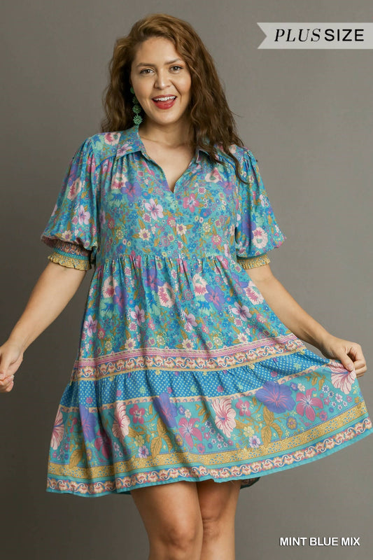 Umgee Plus Mixed Print Collared Cuffed Smocked Sleeves Short Dress