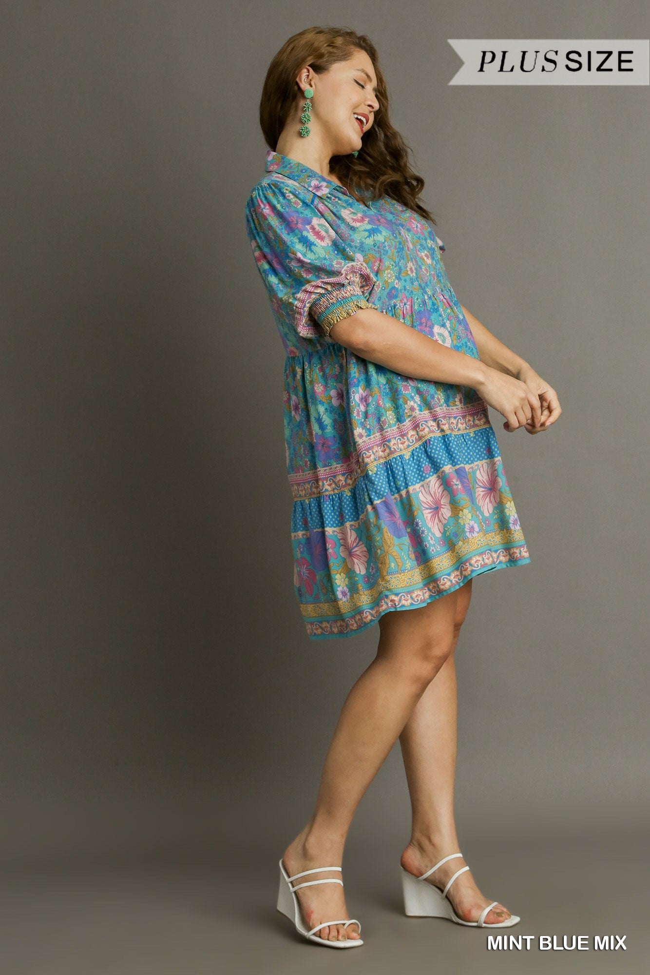 Umgee Plus Mixed Print Collared Cuffed Smocked Sleeves Short Dress