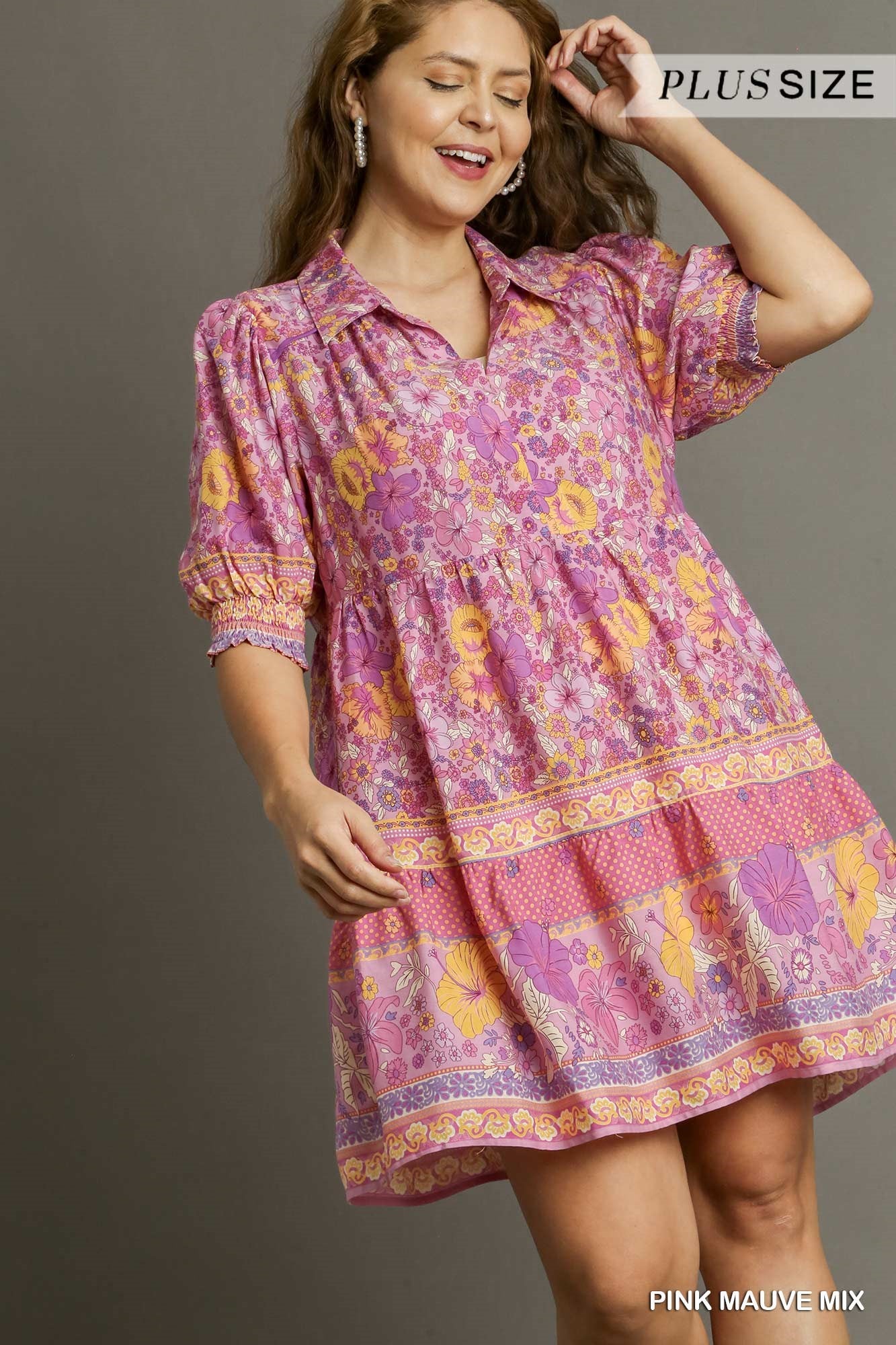 Umgee Plus Mixed Print Collared Cuffed Smocked Sleeves Short Dress