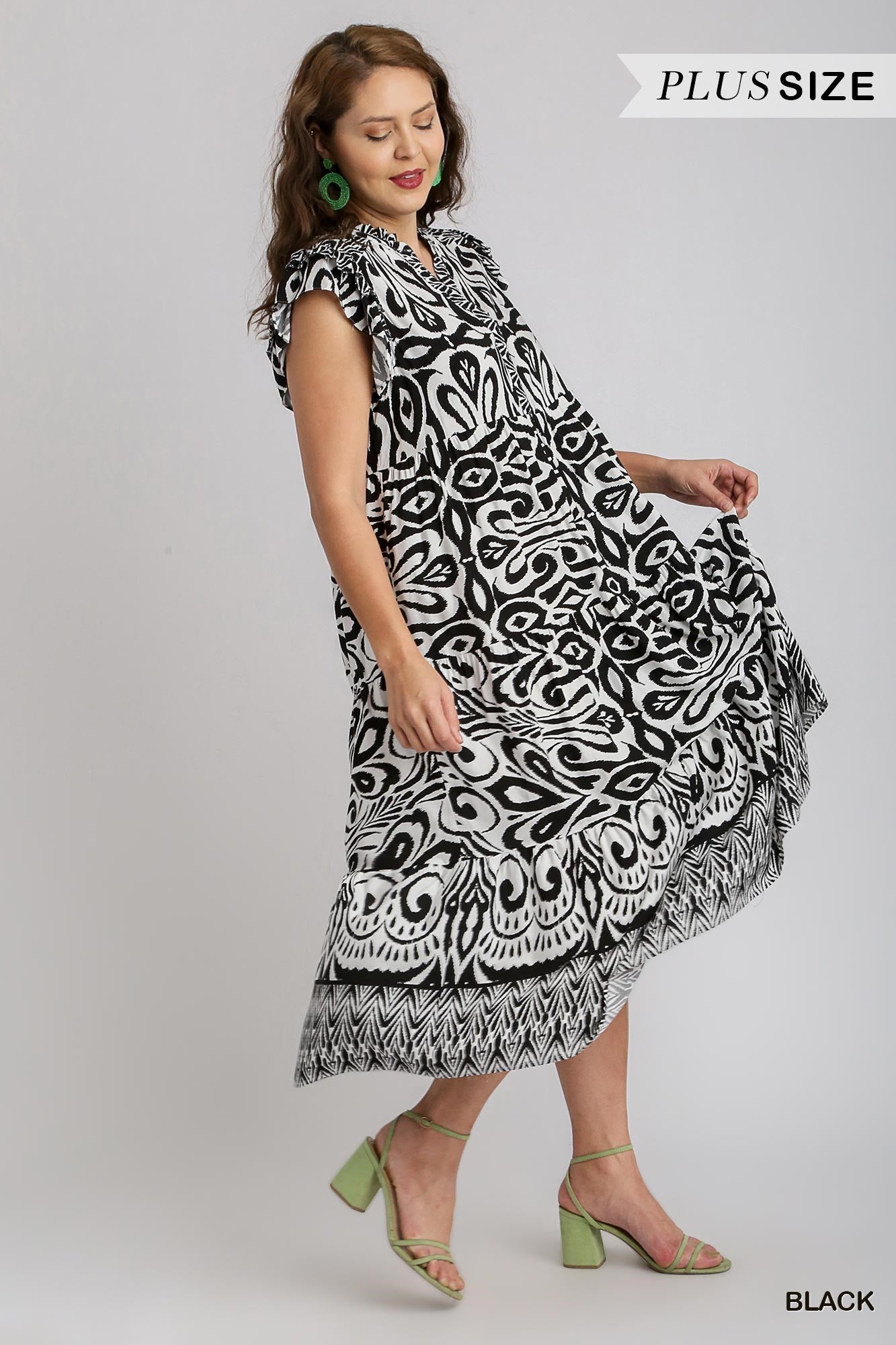 Umgee Plus Boarder Print A-Line V-Neck Tiered Ruffle Sleeves Midi Dress
