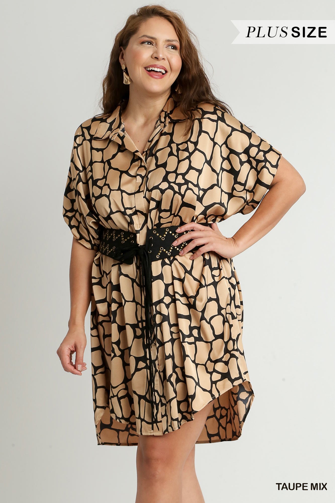 Umgee Plus Two Tone Animal Print Button Down High Low Hem Side Pockets Dress