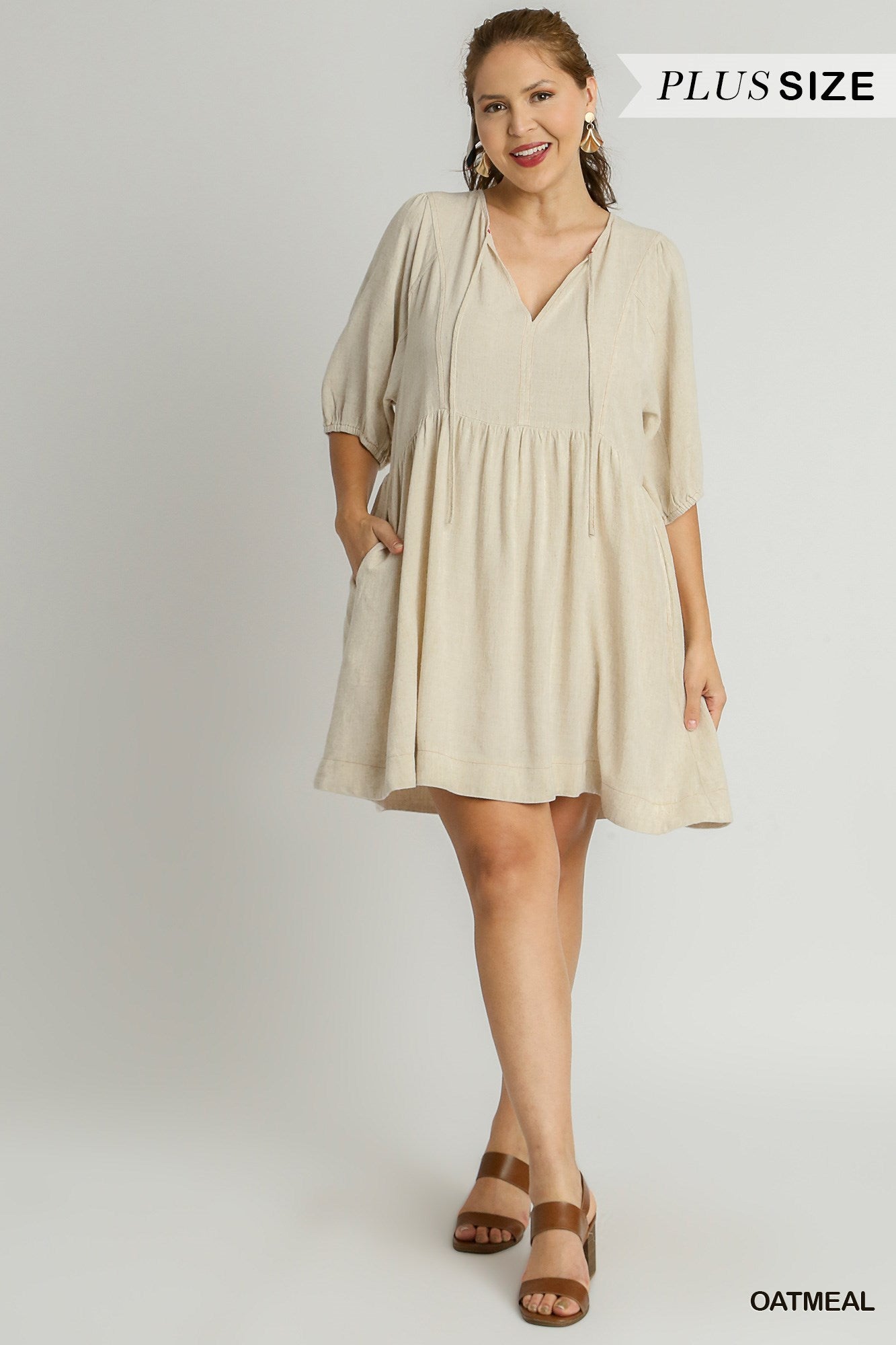 Umgee Plus Linen Blend V-Neck Pleated 3/4 Short Sleeves Short Dress