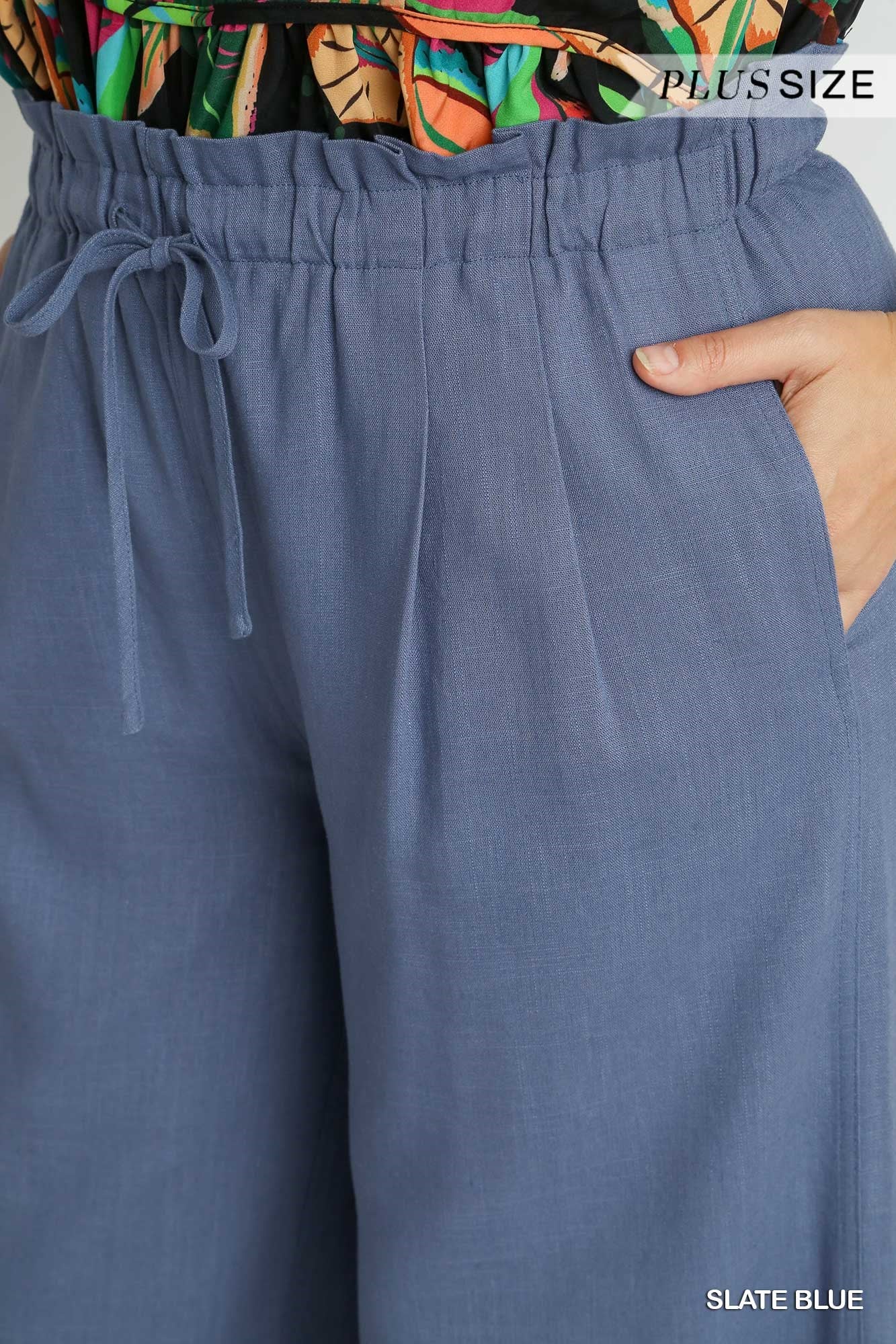 Umgee Plus Linen Wide Fit Drawstring Side Pockets Ruffle Waist Band Pants