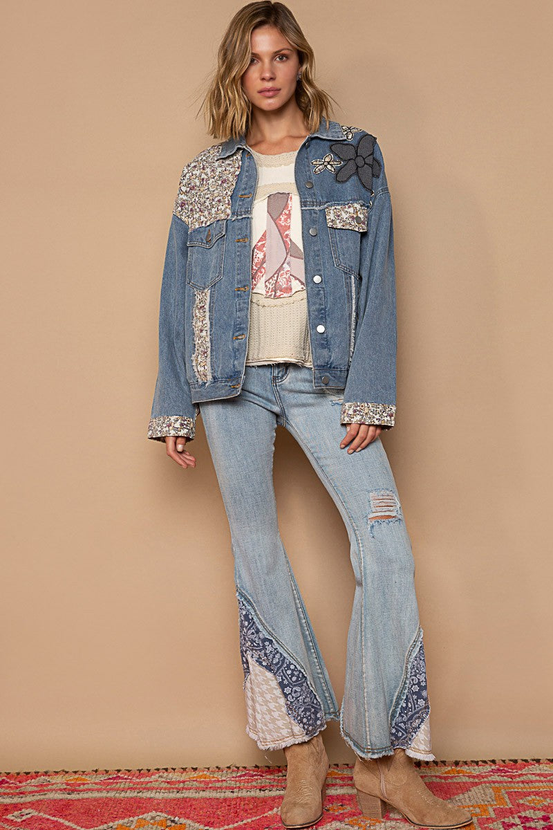 POL Lace Floral Patch Work Button Down Collared Denim Jacket