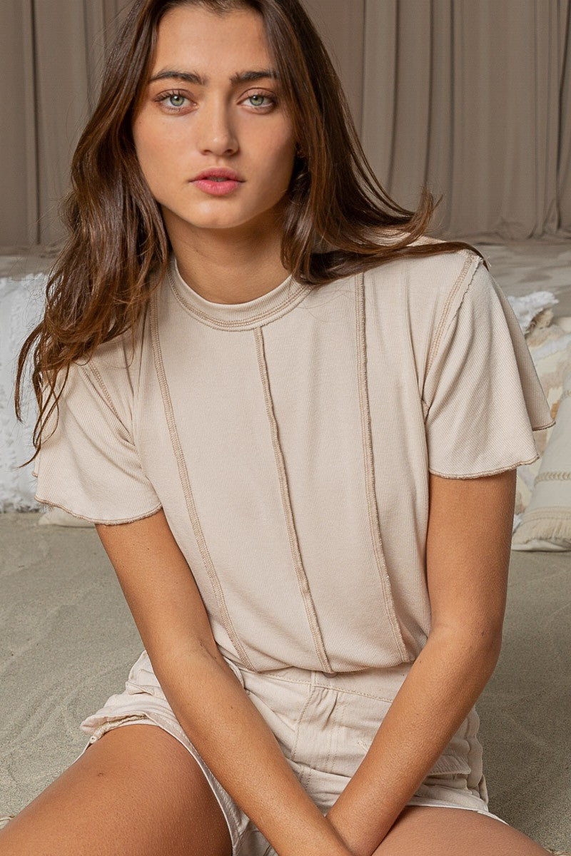 POL Half Sleeves Round Neck Emphasized Stitch Ribbed Knit Top