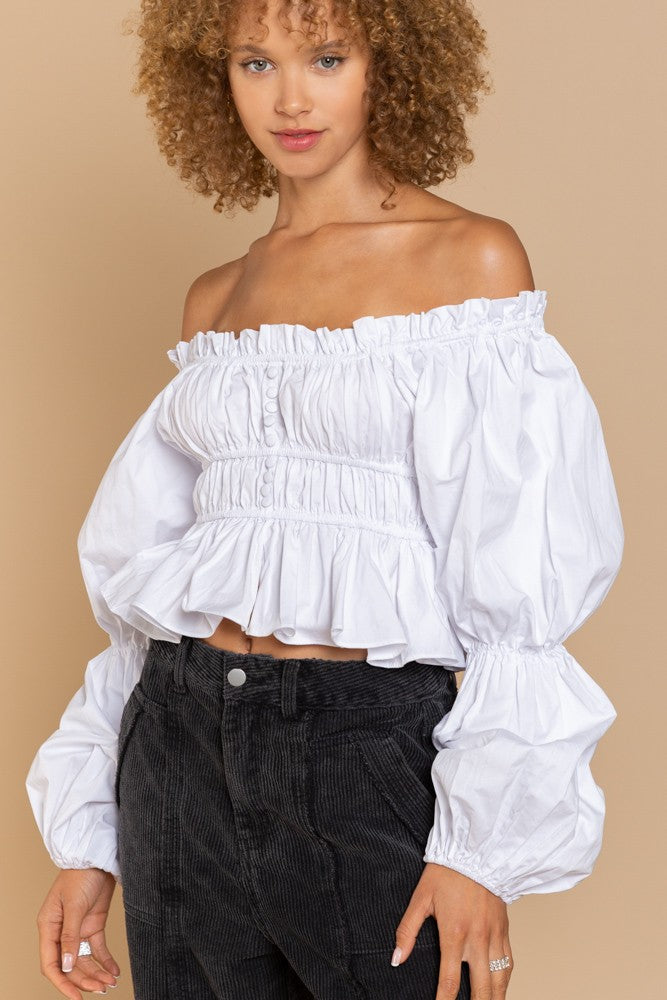 POL Off-shoulder Crop Length Long Sleeve Poplin Ruffled Top - Roulhac Fashion Boutique