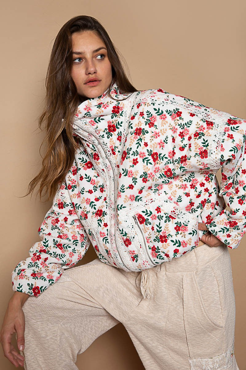 POL High Neck Floral Front Pocket Overfit Quilting Jacket - Roulhac Fashion Boutique