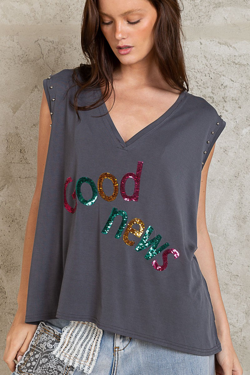 POL Sequins Stud detail V Neckline Short Sleeve Knit Top - Roulhac Fashion Boutique