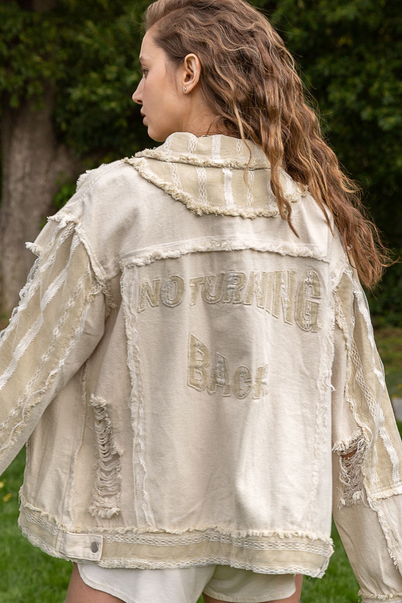 POL Relaxed Fit Back Lettering Distressed Shacket Jacket
