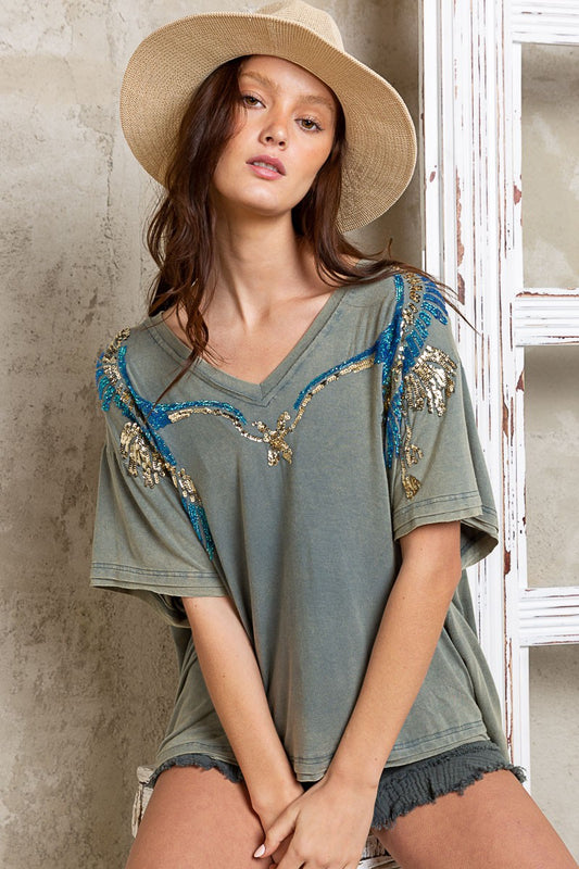 POL Embroidered Sequin And Beads Detail Short Length Sleeve VNeck Top - Roulhac Fashion Boutique