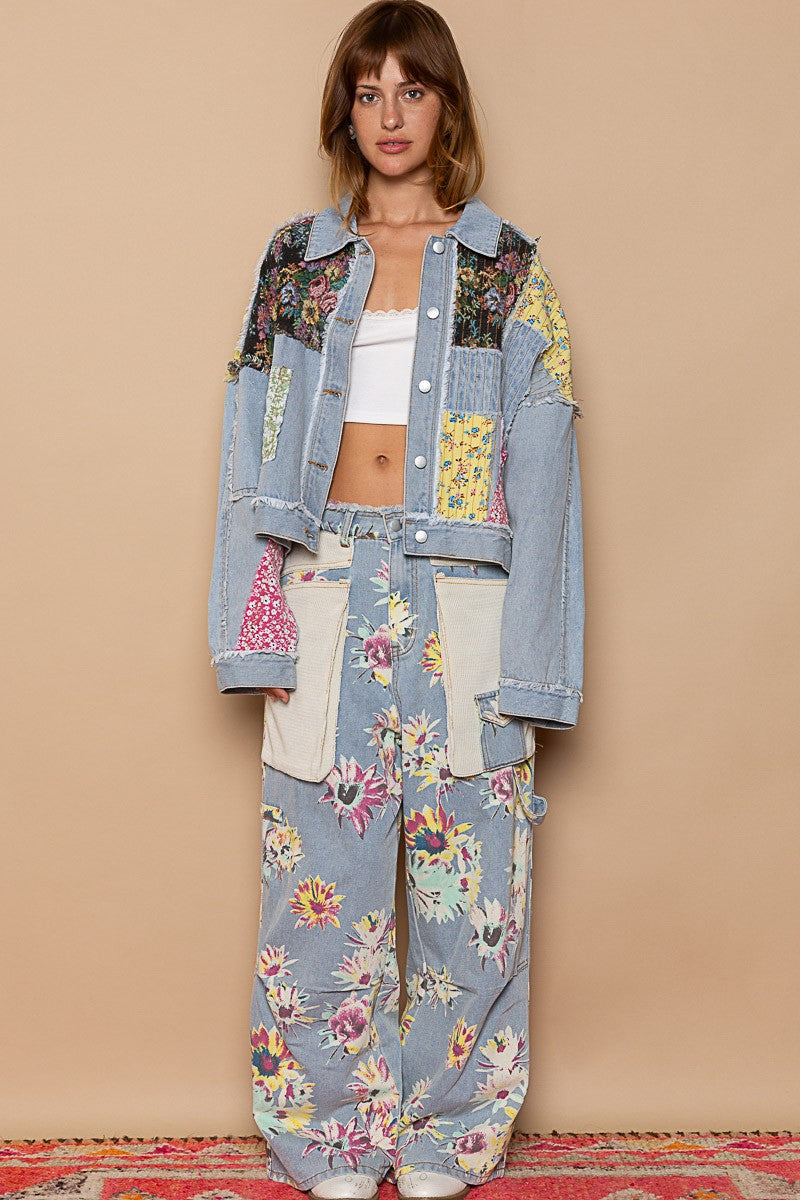 POL Long Sleeve Floral Patchwork Relaxed Fit Denim Jacket