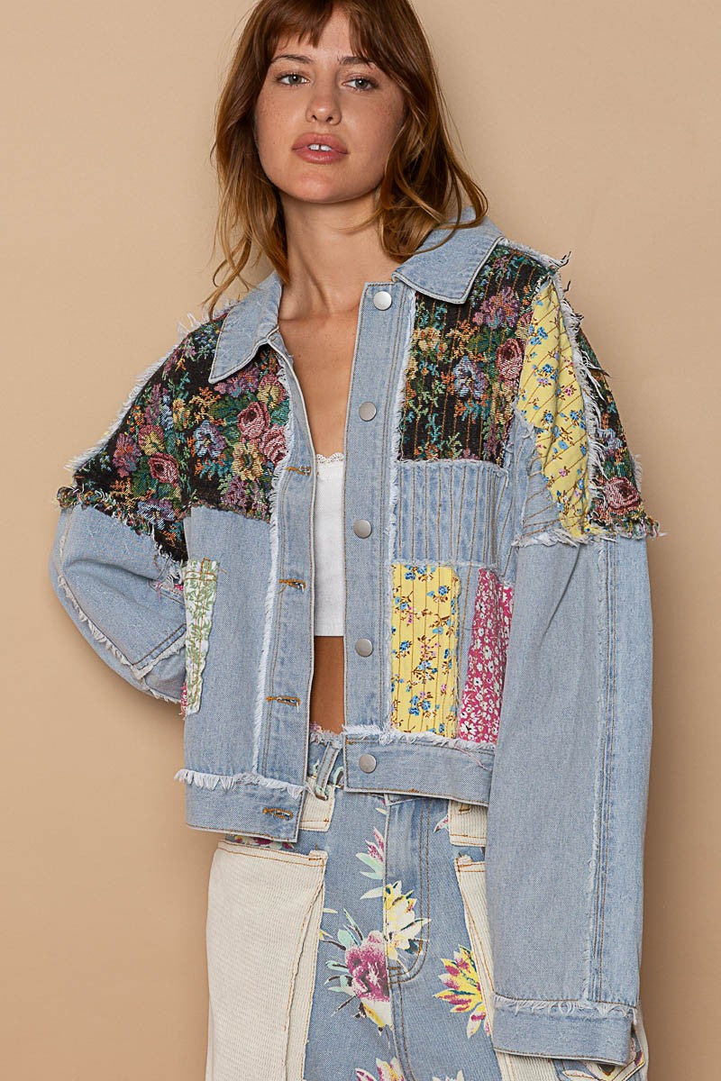 POL Long Sleeve Floral Patchwork Relaxed Fit Denim Jacket - Roulhac Fashion Boutique