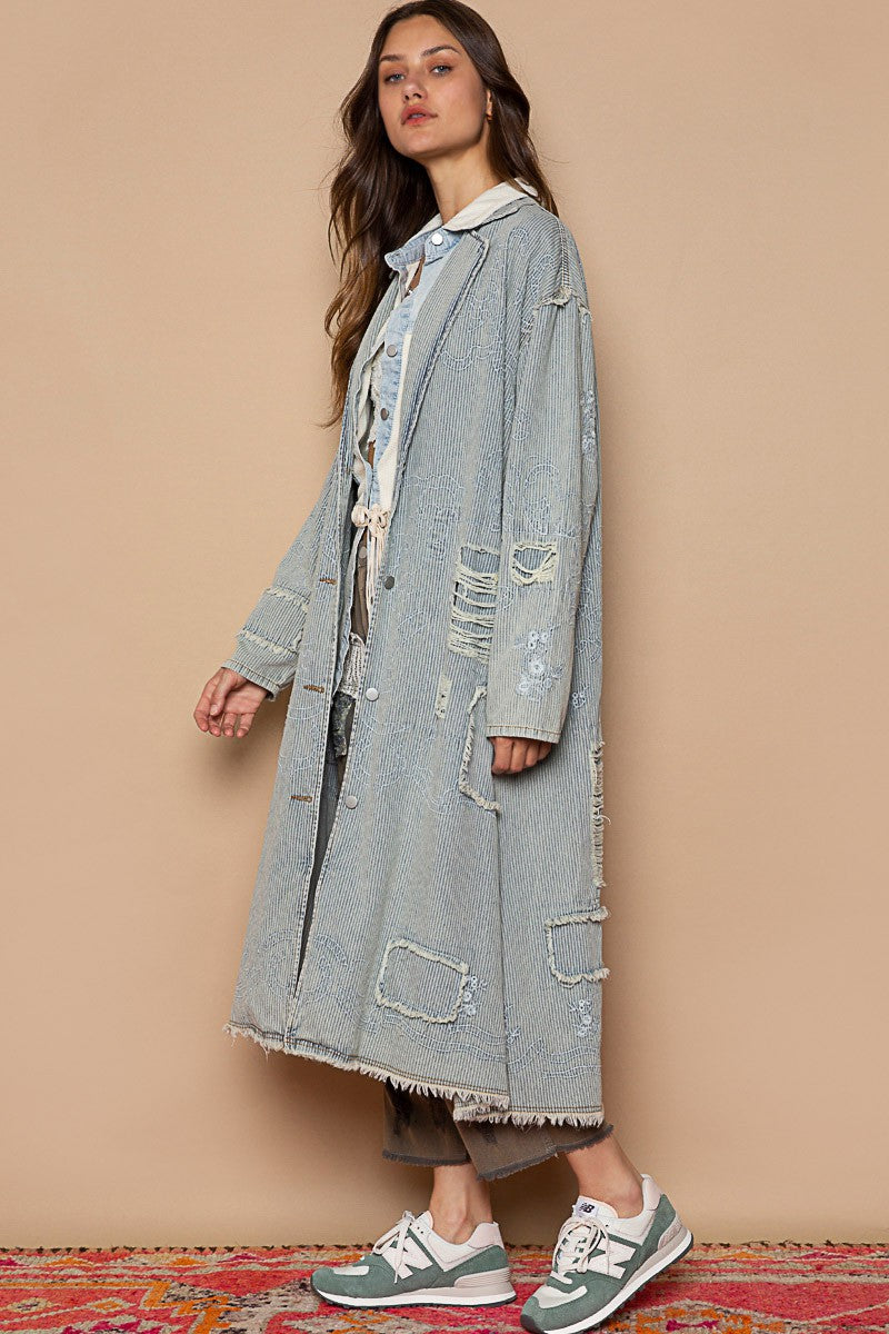 POL Long Sleeve Embroidery Stripe Denim Oversized Fit Long Jacket - Roulhac Fashion Boutique