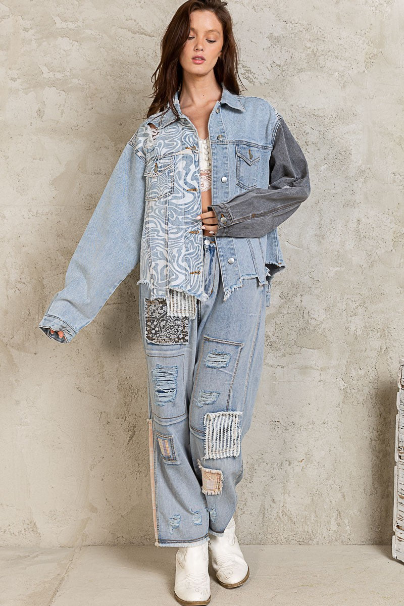 POL Oversize Contrast Marbling Pattern Relaxed Fit Denim Jacket