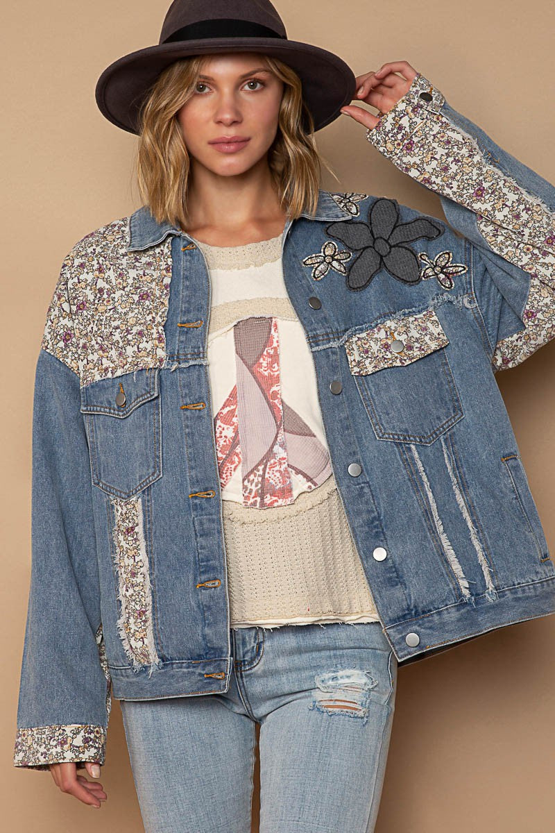 POL Lace Floral Patch Work Button Down Collared Denim Jacket