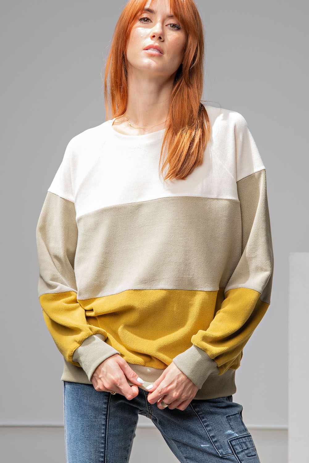 Easel Ultra Soft Color Blocked Crew Neckline Loose Fit Fleece Pullover