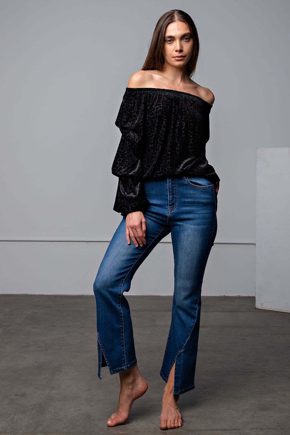 Easel Burnout Velvet Off Shoulder Elasticized Neck Slouchy Fit Top - Roulhac Fashion Boutique